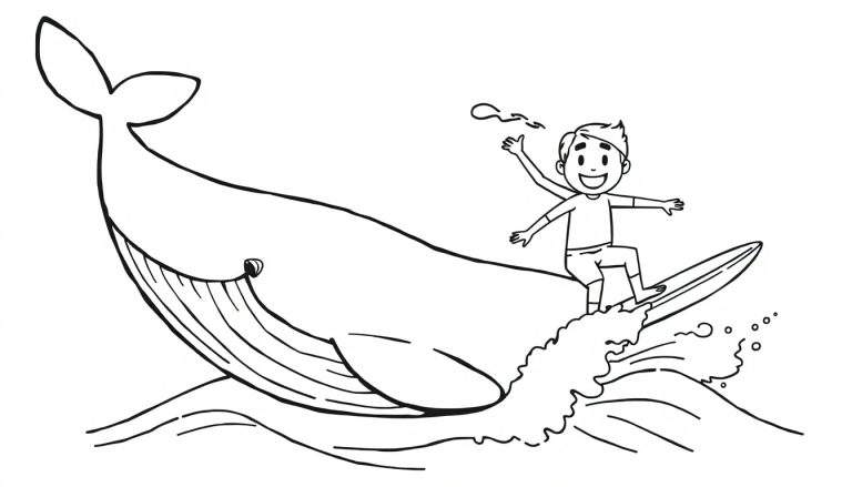A black and white color panel drawing of a boy on a surfboard on a whale's back, with water splashes.