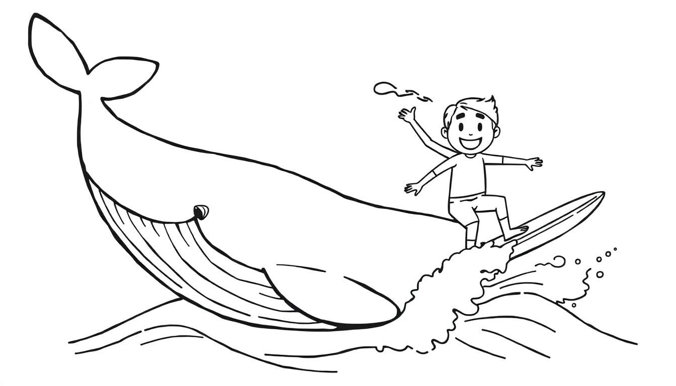 A black and white color panel drawing of a boy on a surfboard on a whale's back, with water splashes.