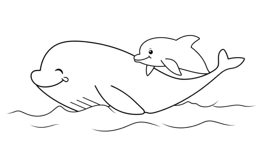 A black and white cartoon of a whale and dolphin smiling and swimming, perfect for a color panel.