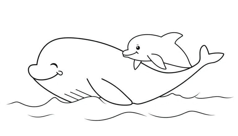A black and white cartoon of a whale and dolphin smiling and swimming, perfect for a color panel.