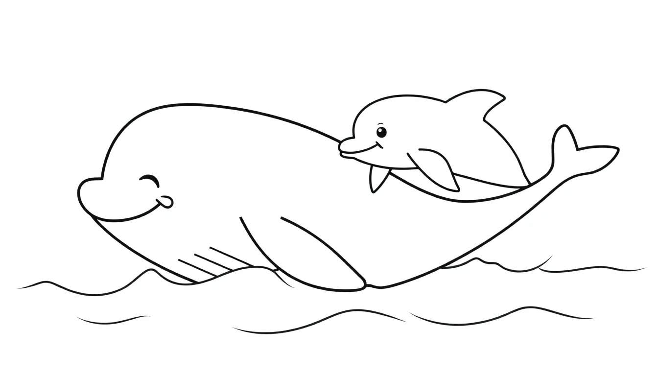 A black and white cartoon of a whale and dolphin smiling and swimming, perfect for a color panel.