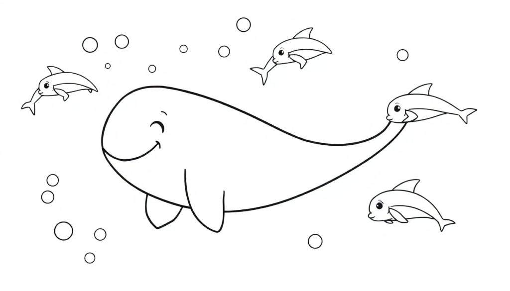A friendly whale with closed eyes and a smile, surrounded by playful dolphins and bubbles in a black and white color panel for coloring.