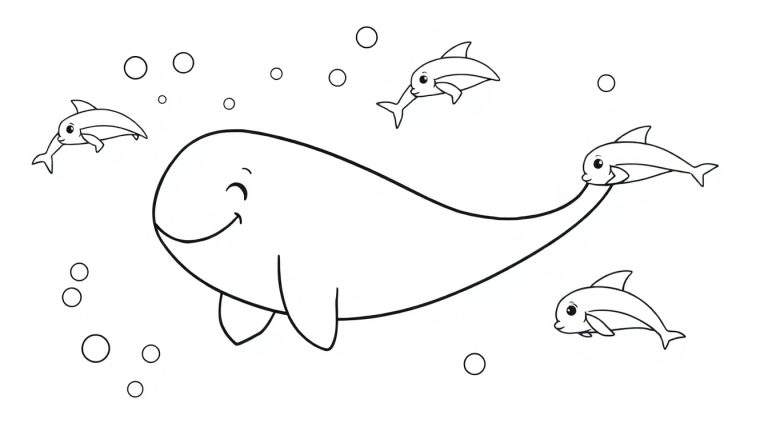 A friendly whale with closed eyes and a smile, surrounded by playful dolphins and bubbles in a black and white color panel for coloring.