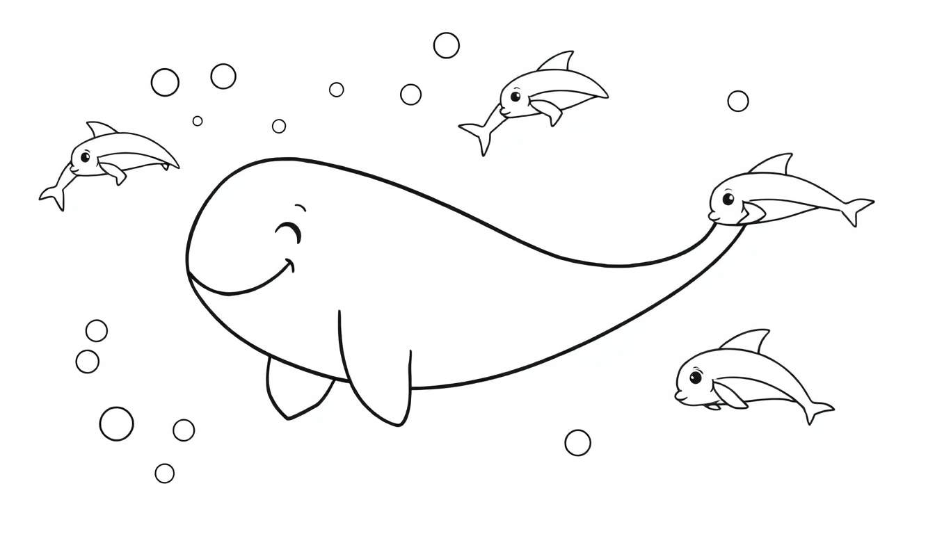 A friendly whale with closed eyes and a smile, surrounded by playful dolphins and bubbles in a black and white color panel for coloring.
