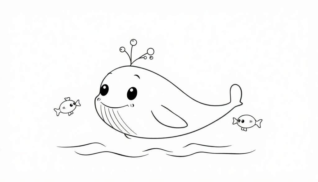 A black and white cartoon color panel of a happy baby whale with bubbles and small fish.