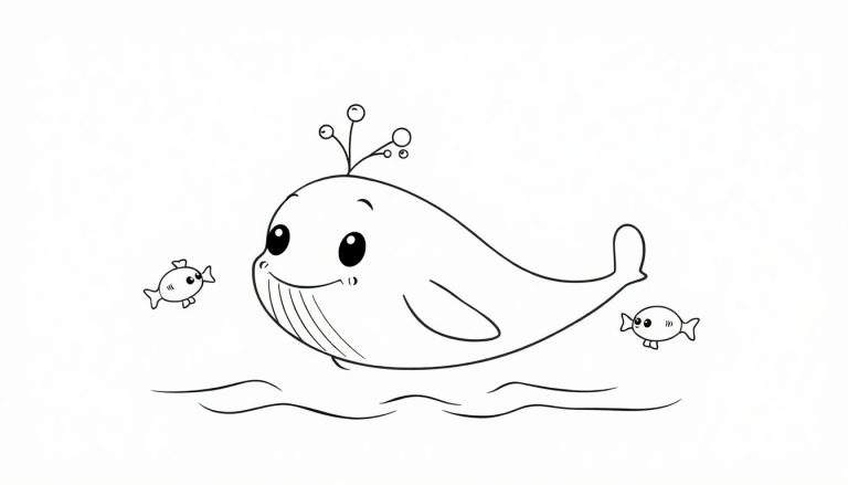 A black and white cartoon color panel of a happy baby whale with bubbles and small fish.