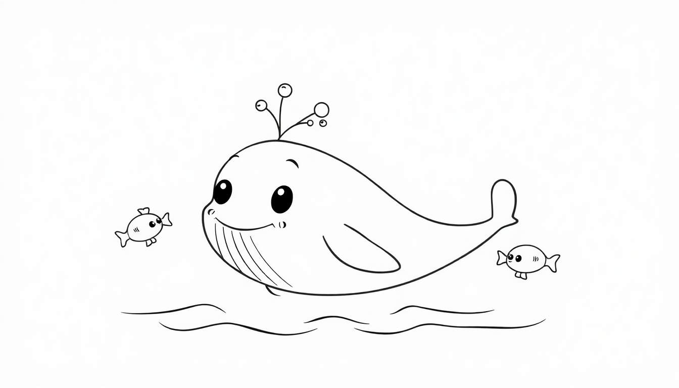 A black and white cartoon color panel of a happy baby whale with bubbles and small fish.