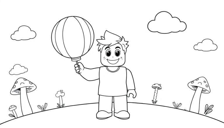 A blocky cartoon boy with spiky hair and a big smile holding a round balloon in a black and white color panel.