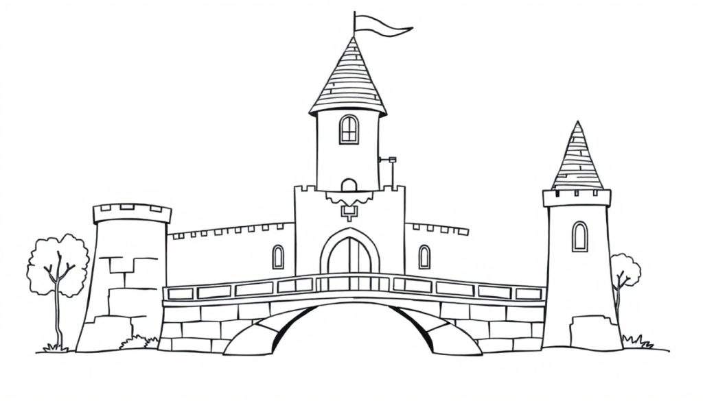 A whimsical castle coloring panel with a tall tower and a drawbridge.