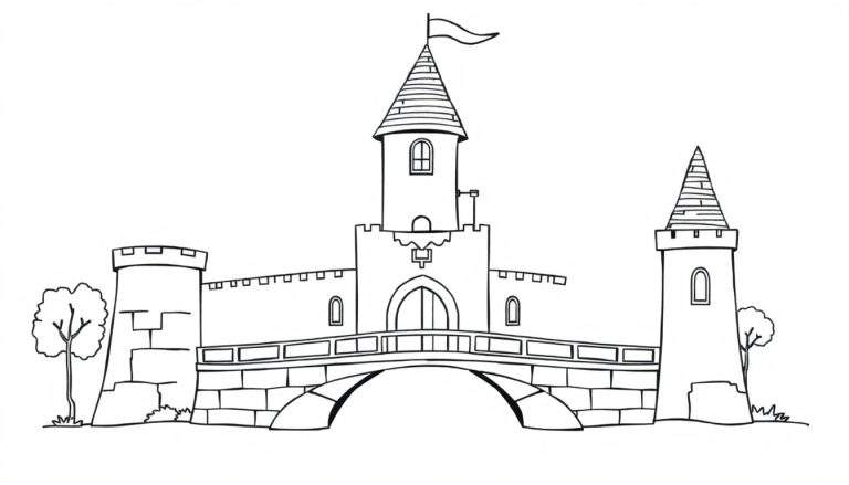 A whimsical castle coloring panel with a tall tower and a drawbridge.