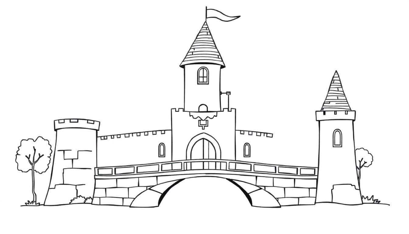 A whimsical castle coloring panel with a tall tower and a drawbridge.