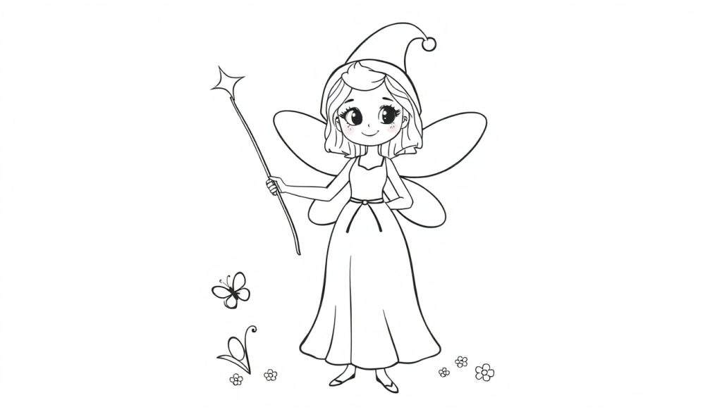 A cute fairy with a pointed hat and magic wand, ready for the color panel!