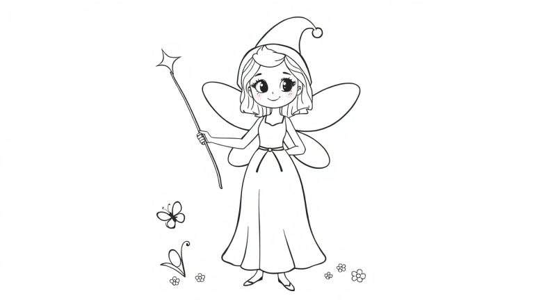A cute fairy with a pointed hat and magic wand, ready for the color panel!