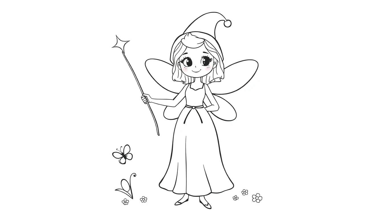 A cute fairy with a pointed hat and magic wand, ready for the color panel!