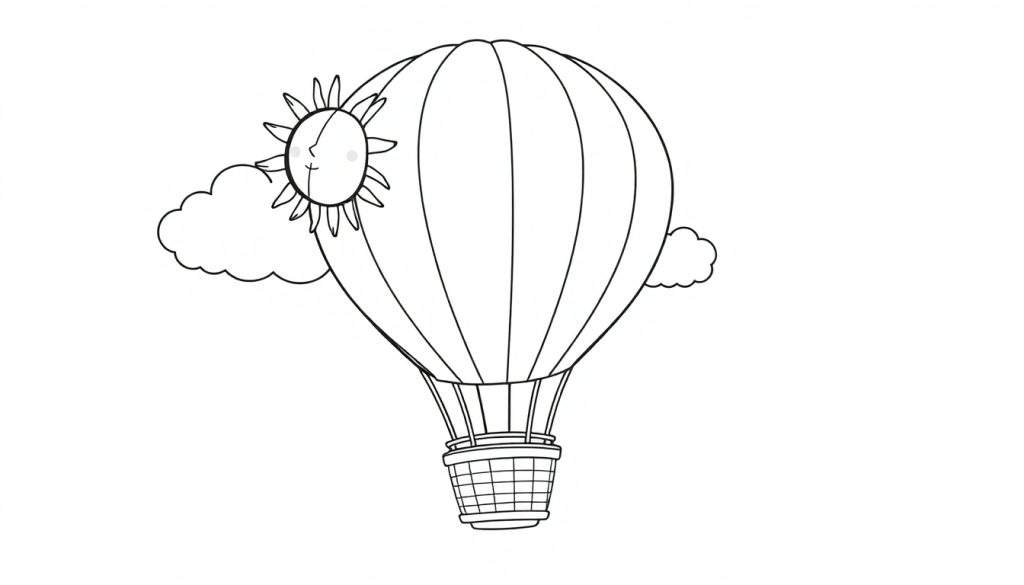 A black and white drawing of a hot air balloon with stripes, a smiling sun, and a cloud, ready for coloring. This is a delightful color panel for kids.