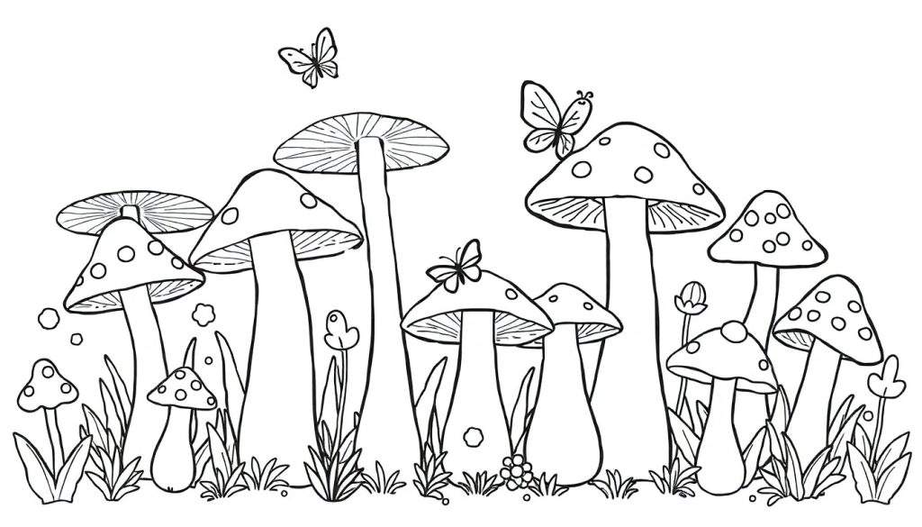 A whimsical mushroom garden color panel with friendly fungi.