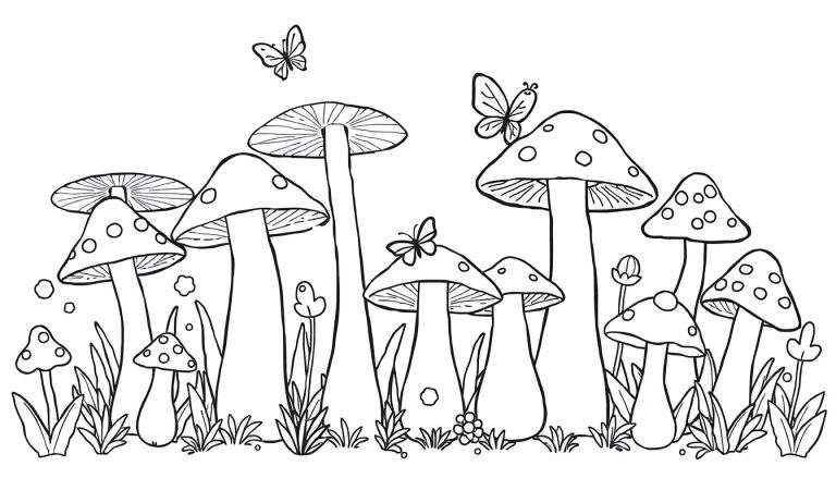 A whimsical mushroom garden color panel with friendly fungi.