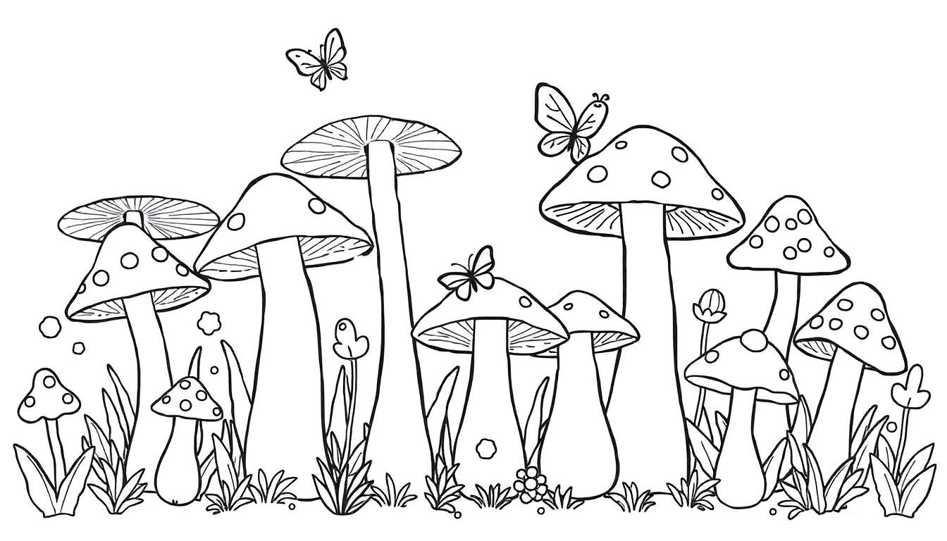 A whimsical mushroom garden color panel with friendly fungi.