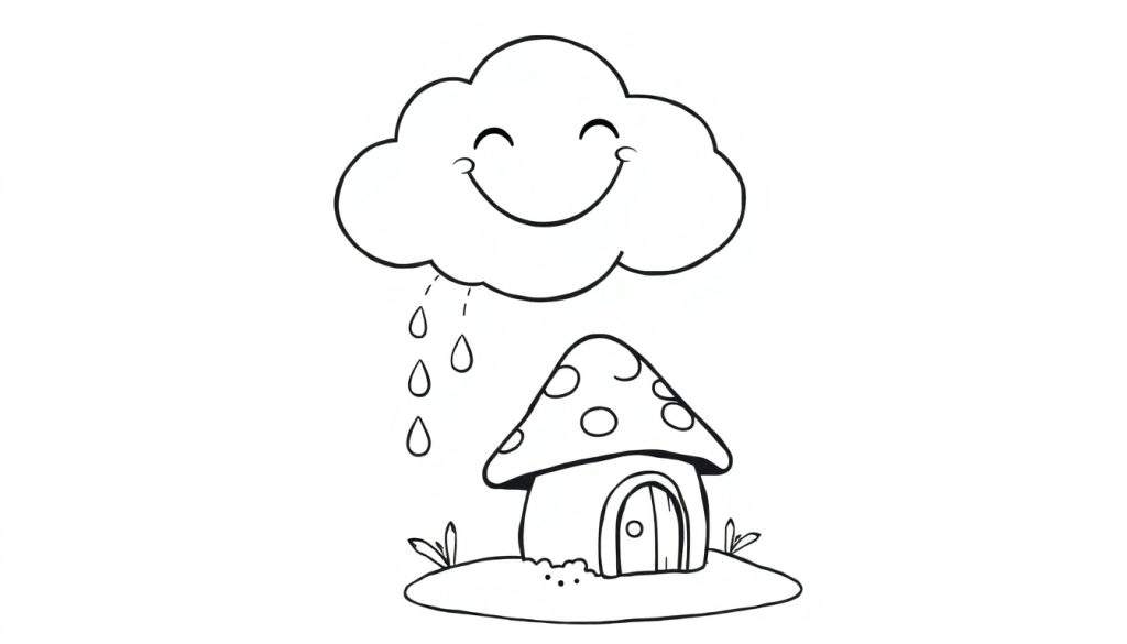 A black and white drawing of a smiling cloud raining on a mushroom house, perfect for a color panel.