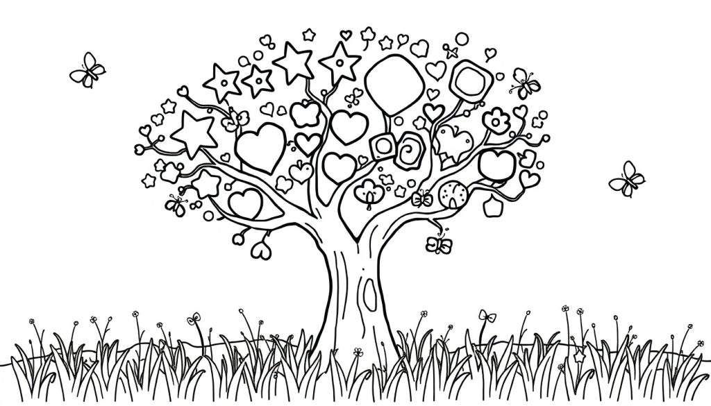 A cute black and white illustration of a whimsical tree with heart and star ornaments, ready for coloring fun on a color panel.