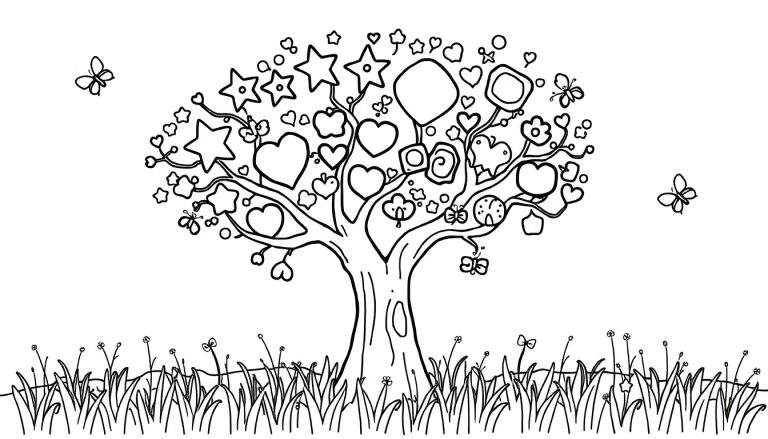 A cute black and white illustration of a whimsical tree with heart and star ornaments, ready for coloring fun on a color panel.