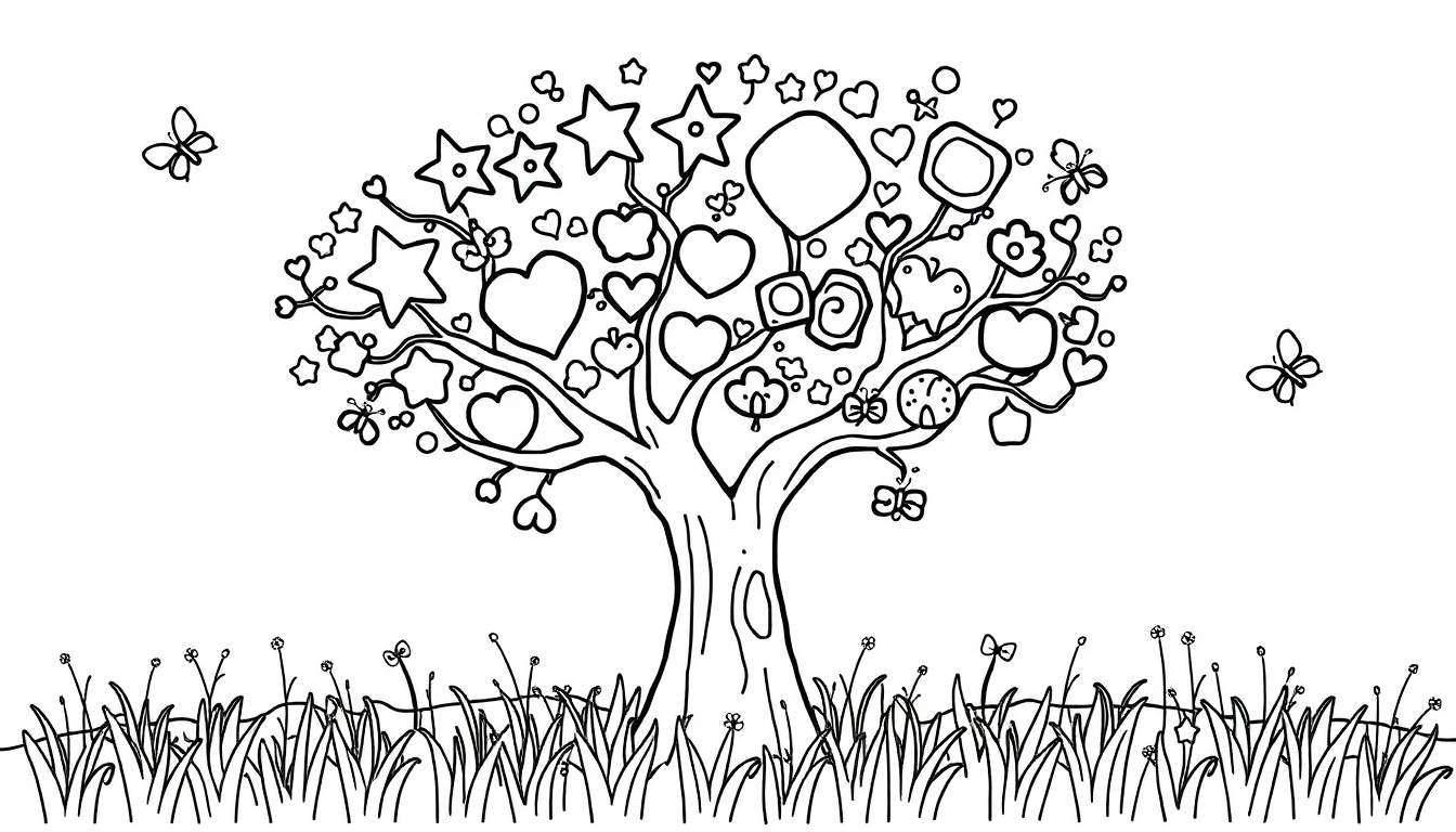 A cute black and white illustration of a whimsical tree with heart and star ornaments, ready for coloring fun on a color panel.