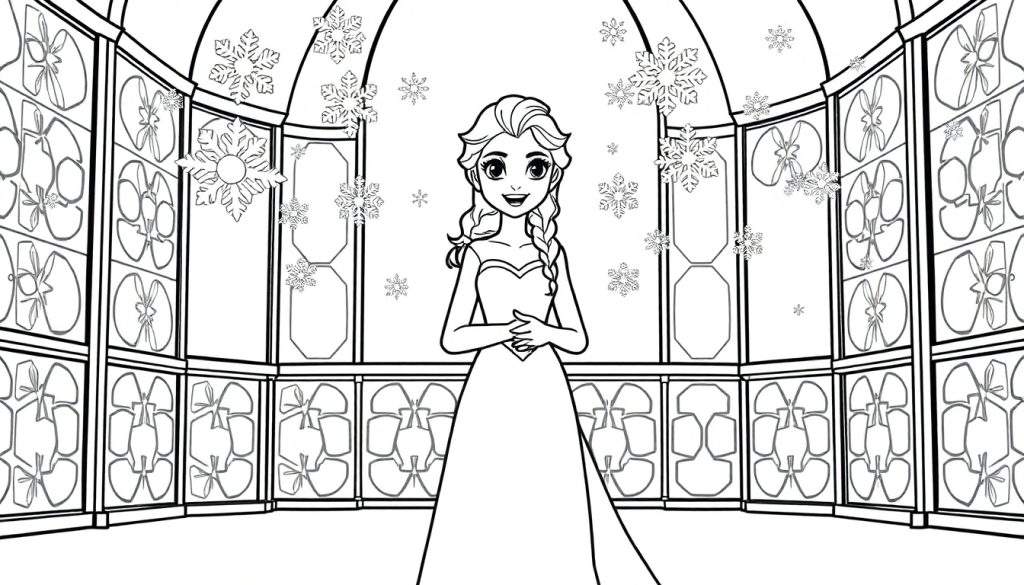 A black and white line art color panel of a smiling young woman with a braid, dressed in a flowing gown, standing amidst scattered snowflakes in a room with an arched ceiling and geometric window patterns.