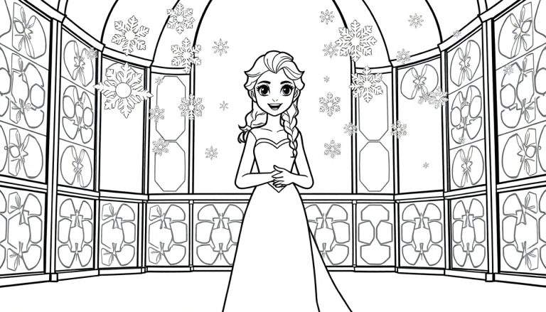 A black and white line art color panel of a smiling young woman with a braid, dressed in a flowing gown, standing amidst scattered snowflakes in a room with an arched ceiling and geometric window patterns.