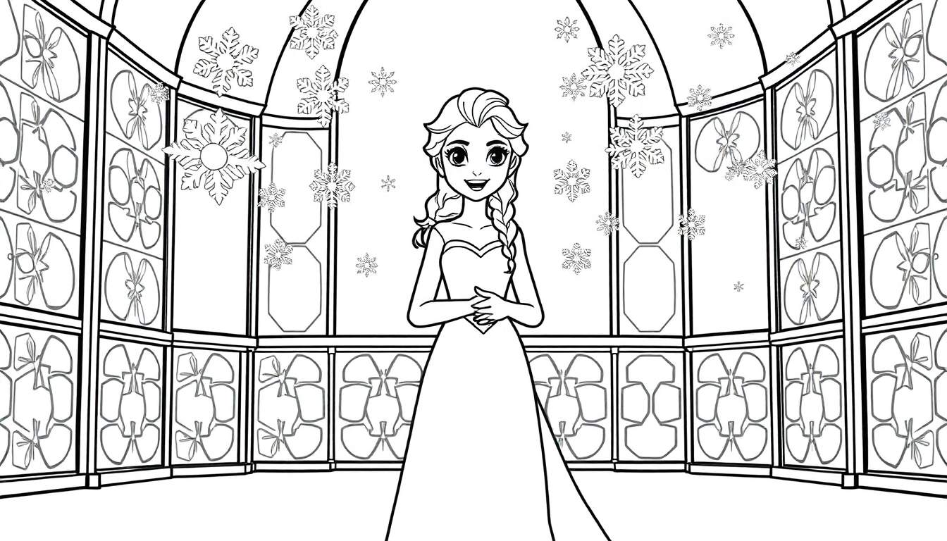 A black and white line art color panel of a smiling young woman with a braid, dressed in a flowing gown, standing amidst scattered snowflakes in a room with an arched ceiling and geometric window patterns.