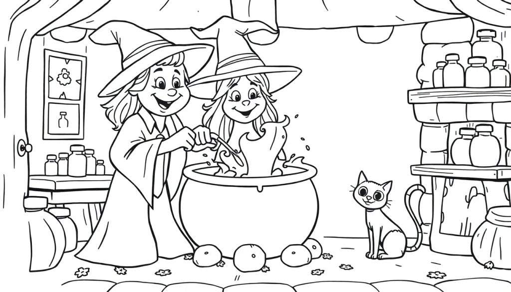A black and white illustration for a color panel, showing a young and old witch smiling around a bubbling cauldron, with a cute cat nearby and shelves of potion ingredients.