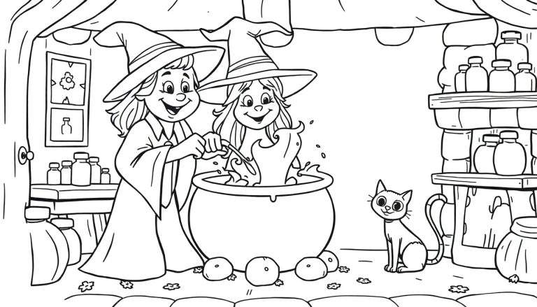 A black and white illustration for a color panel, showing a young and old witch smiling around a bubbling cauldron, with a cute cat nearby and shelves of potion ingredients.