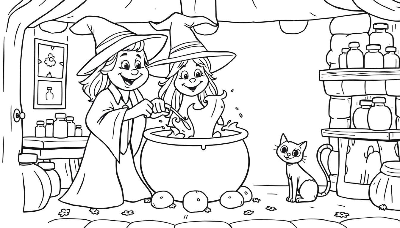 A black and white illustration for a color panel, showing a young and old witch smiling around a bubbling cauldron, with a cute cat nearby and shelves of potion ingredients.