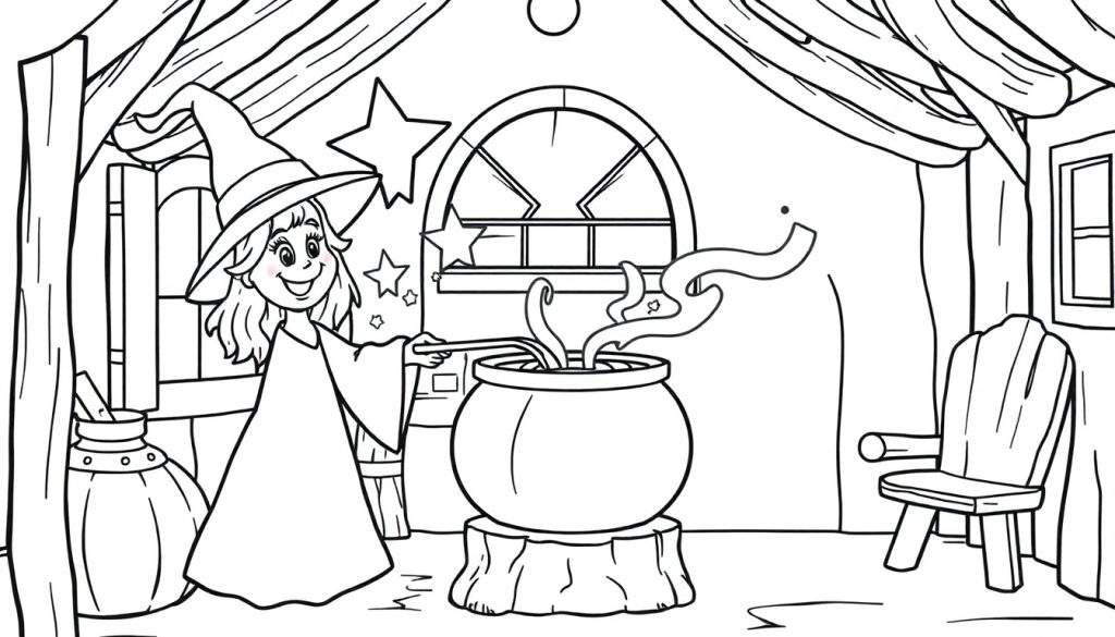 A friendly witch stirring a cauldron in her cottage, a black and white coloring panel.