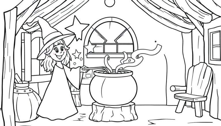 A friendly witch stirring a cauldron in her cottage, a black and white coloring panel.