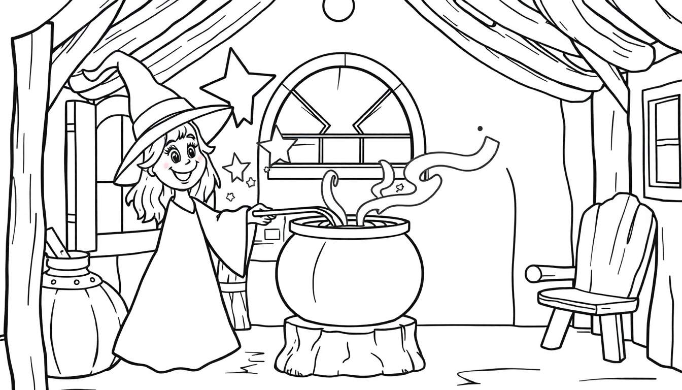 A friendly witch stirring a cauldron in her cottage, a black and white coloring panel.