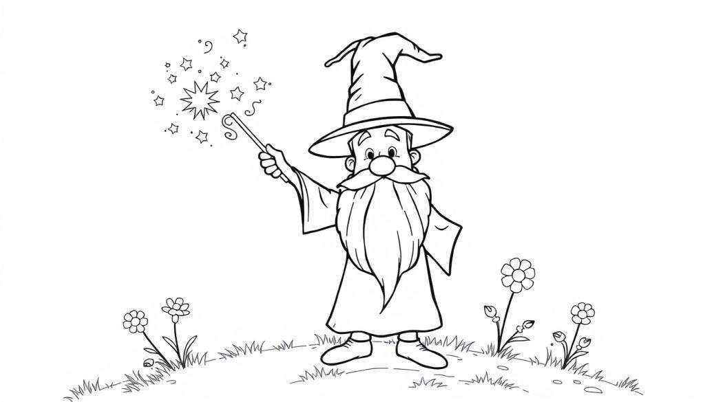 A friendly wizard with a pointy hat and a long beard, waving a sparkly magic wand, on a black and white coloring panel.
