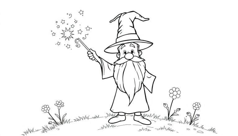 A friendly wizard with a pointy hat and a long beard, waving a sparkly magic wand, on a black and white coloring panel.