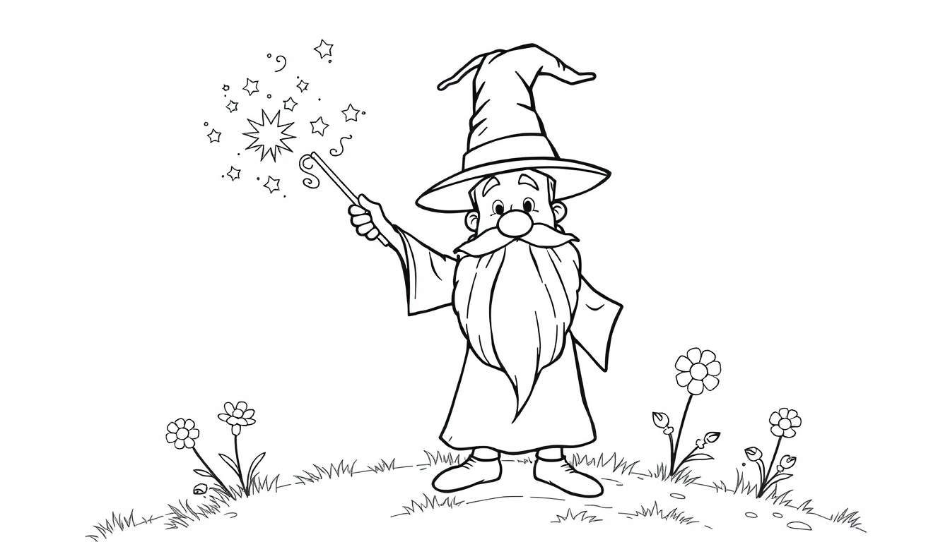 A friendly wizard with a pointy hat and a long beard, waving a sparkly magic wand, on a black and white coloring panel.