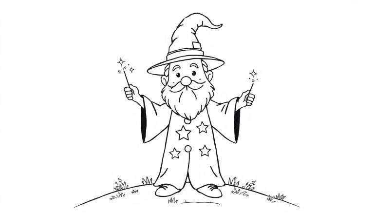 A black and white cartoon of a wizard on a hill, ready for the color panel.