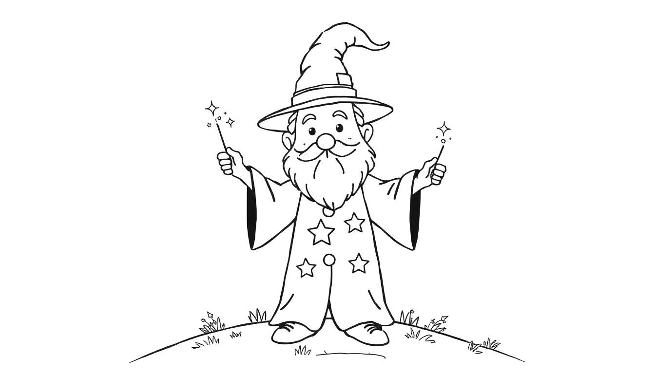 A black and white cartoon of a wizard on a hill, ready for the color panel.