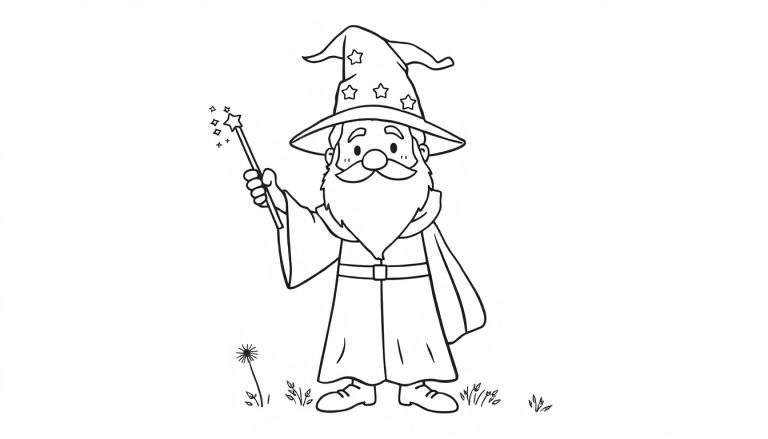 A friendly wizard with a pointy hat and starry cloak, holding a magic wand, in a black and white color panel.