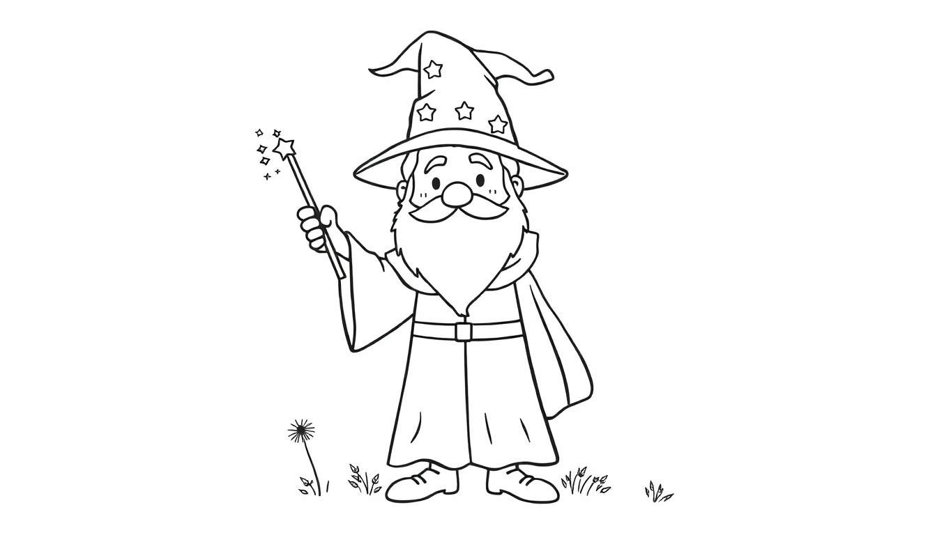 A friendly wizard with a pointy hat and starry cloak, holding a magic wand, in a black and white color panel.