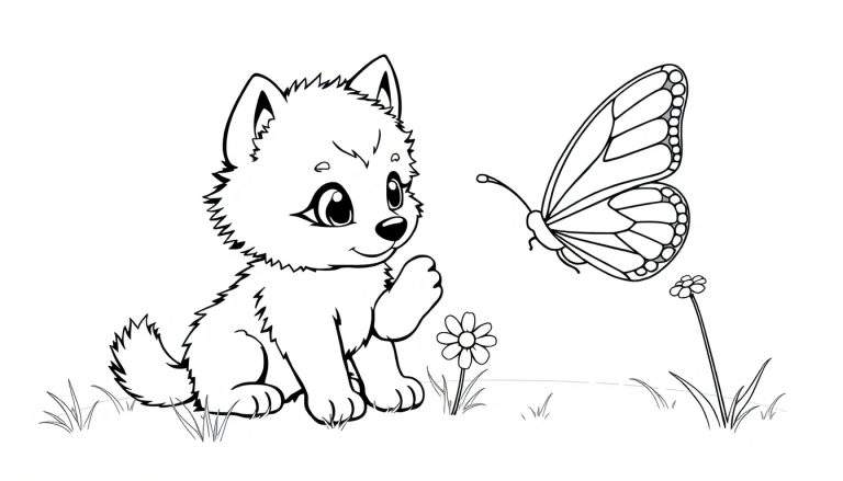 A cute wolf cub reaching for a butterfly, a black and white coloring panel.