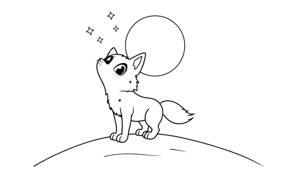 A cute wolf cub on a mound, looking at a moon and stars, a black and white color panel for kids.