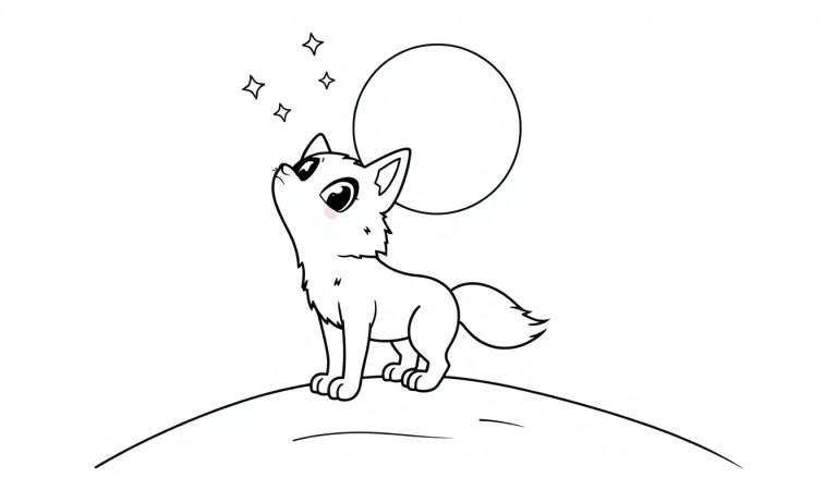 A cute wolf cub on a mound, looking at a moon and stars, a black and white color panel for kids.
