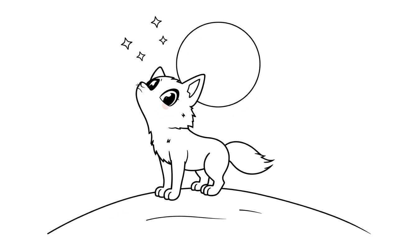 A cute wolf cub on a mound, looking at a moon and stars, a black and white color panel for kids.
