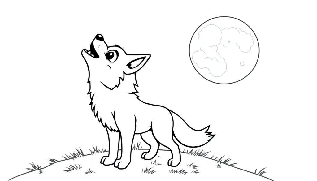 A friendly wolf howling at the moon on a grassy hill, a black and white color panel for kids.