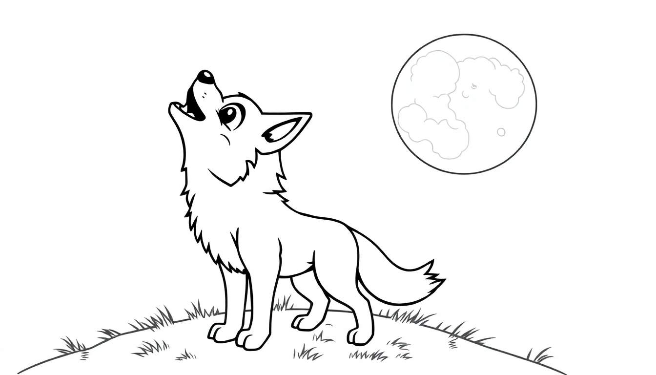 A friendly wolf howling at the moon on a grassy hill, a black and white color panel for kids.