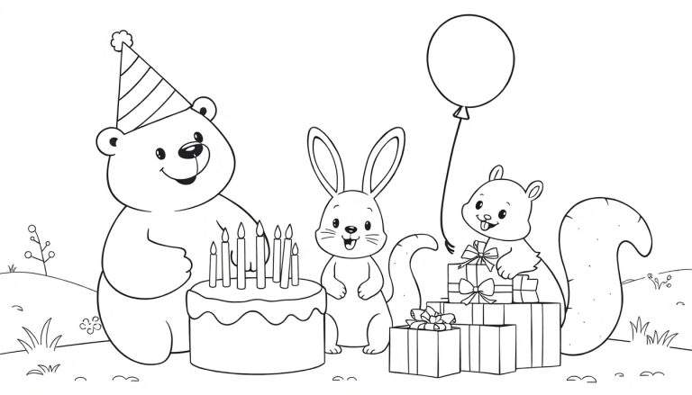 Black and white cartoon color panel of a bear, rabbit, and squirrel celebrating a birthday with a cake and presents.