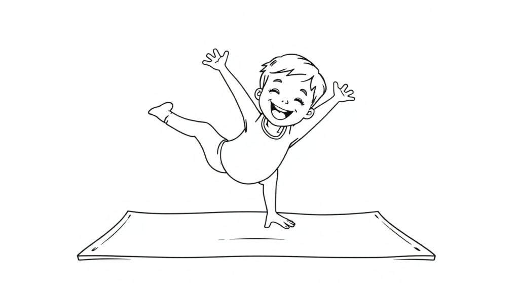 A happy child doing yoga on a color panel mat.